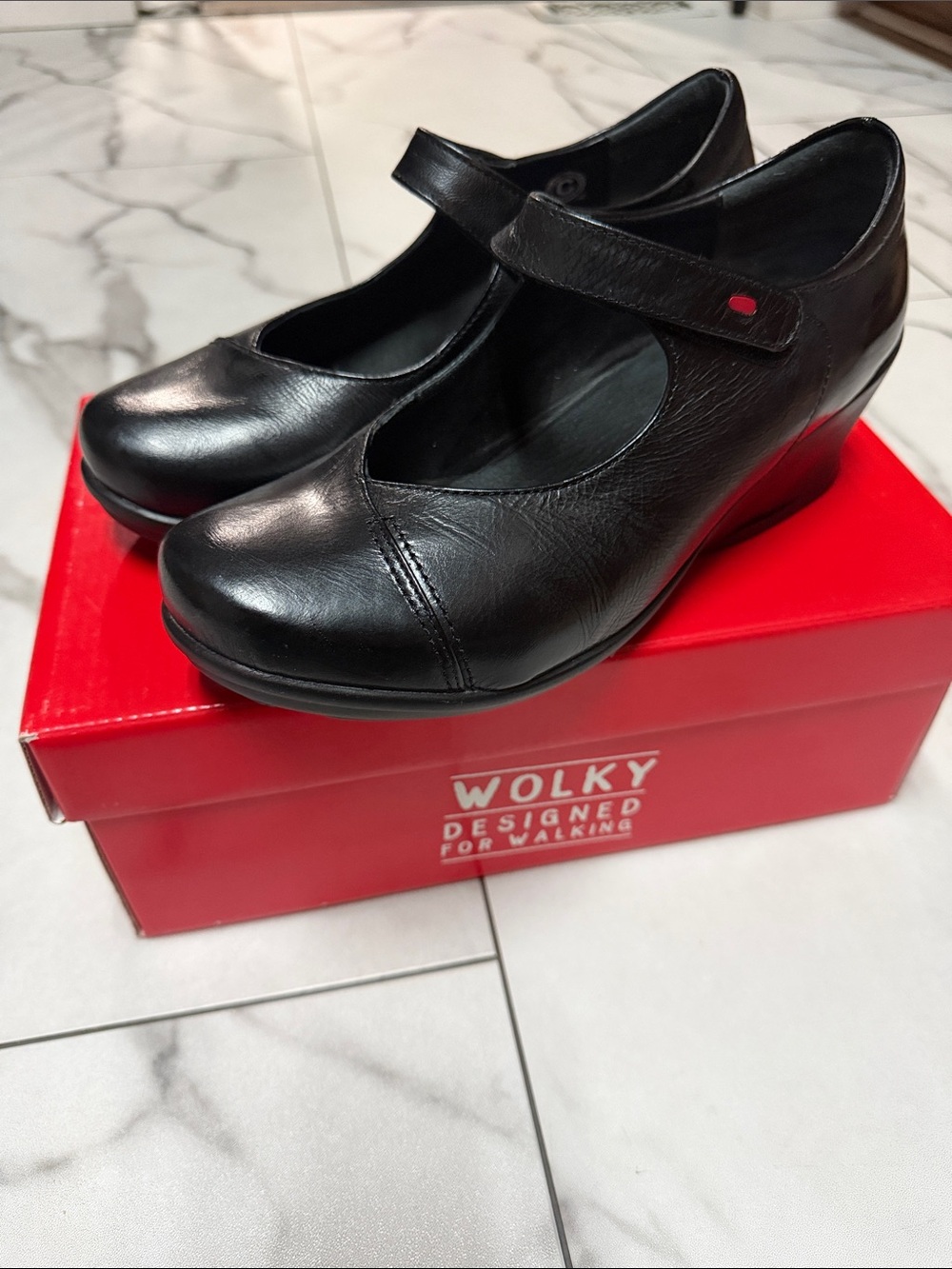 Wolky Black Leather Mary Jane Wedge - Size 39
